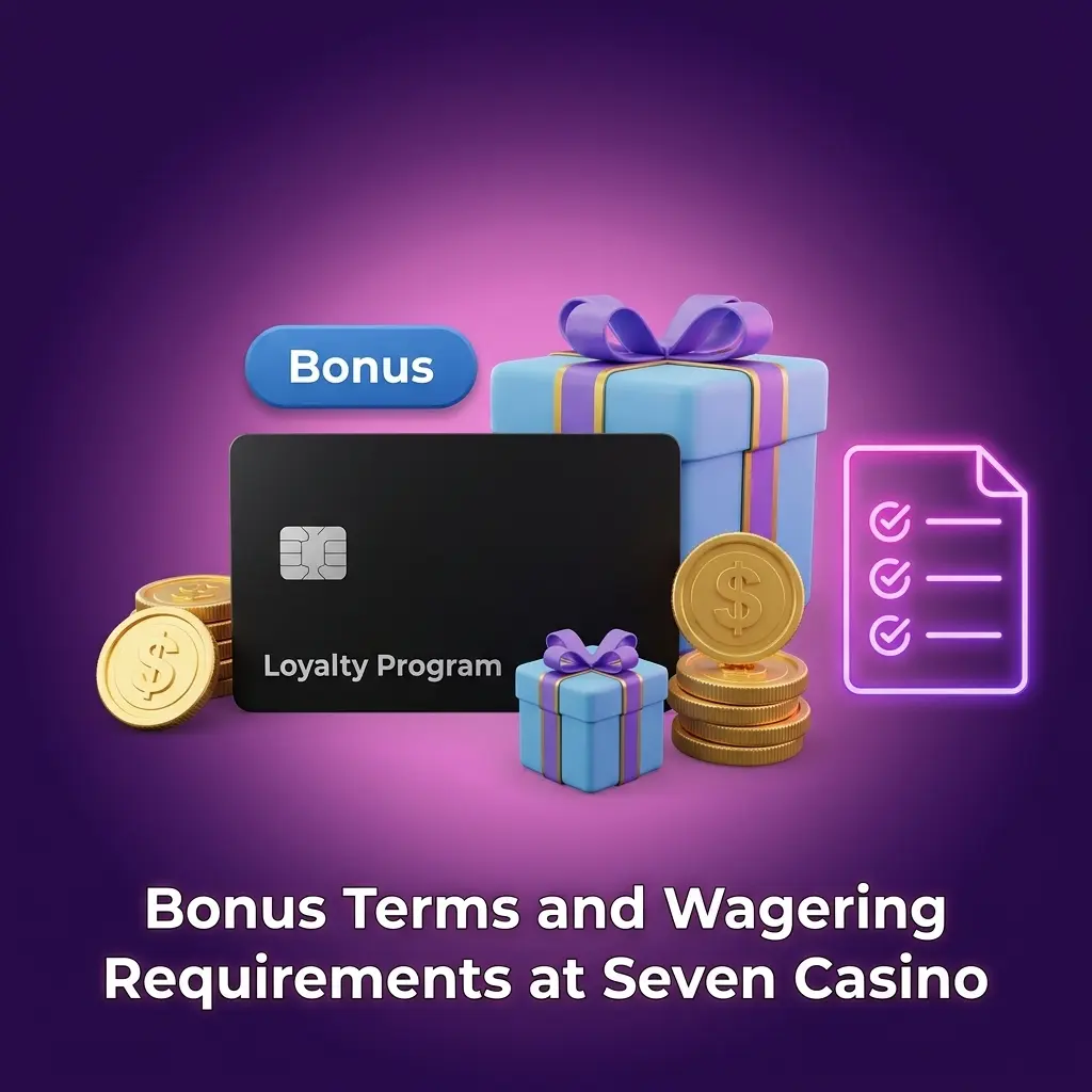 Seven Casino bonus terms table covering wagering requirements, eligible games, max bets, and withdrawal restrictions