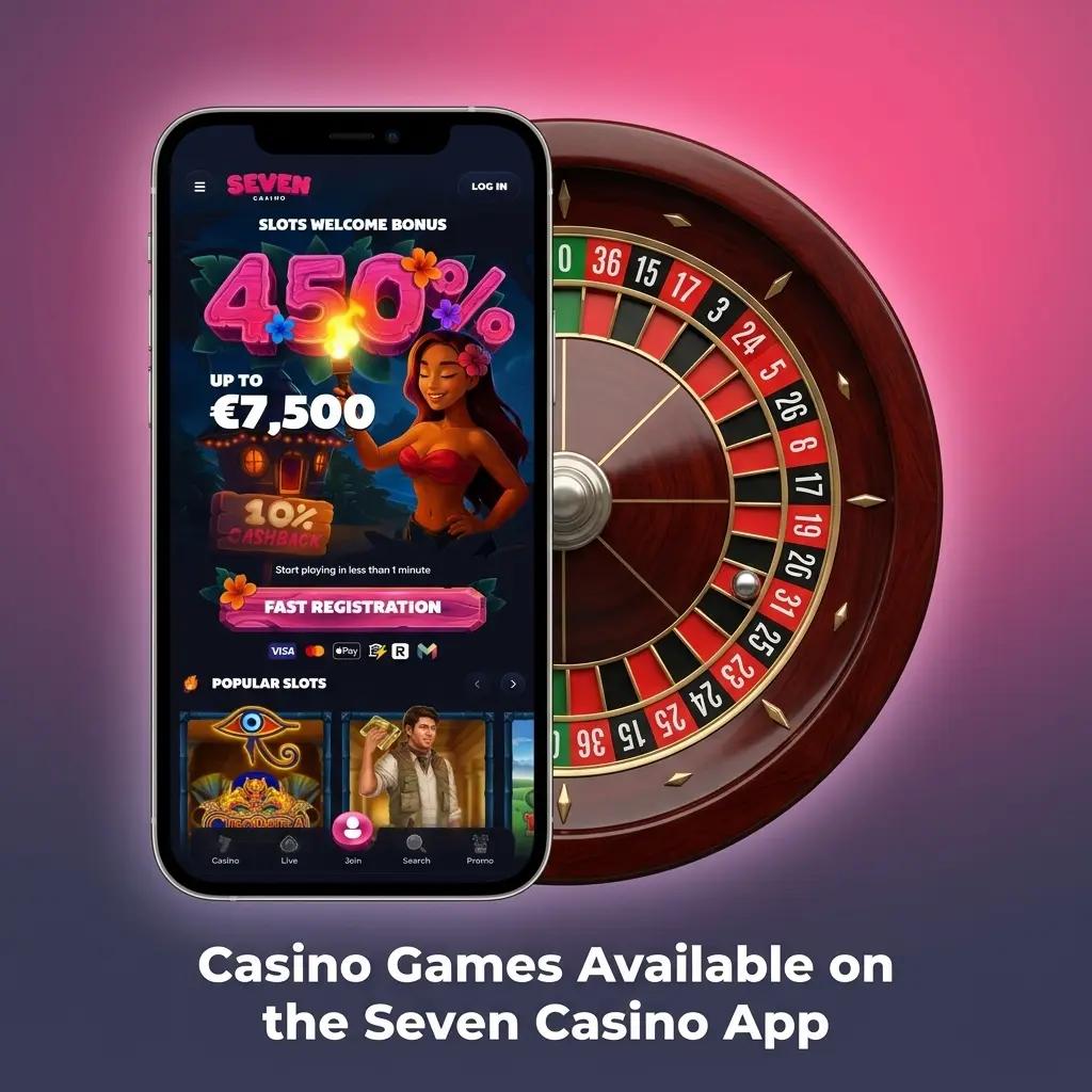 Seven Casino app interface showing slots, live dealer tables, crash games, and virtual sports categories on mobile