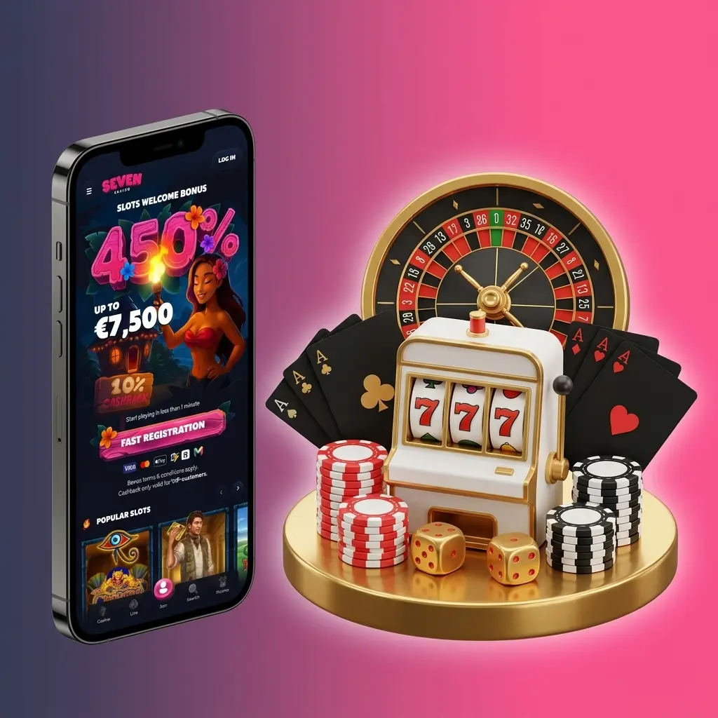 Seven Casino app casino section showing slots, live casino, table games, jackpot, crash games, and virtual sports categories
