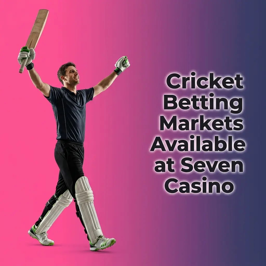 Cricket betting markets at Seven Casino including match winner, top batsman, top bowler, and total runs options for UK players