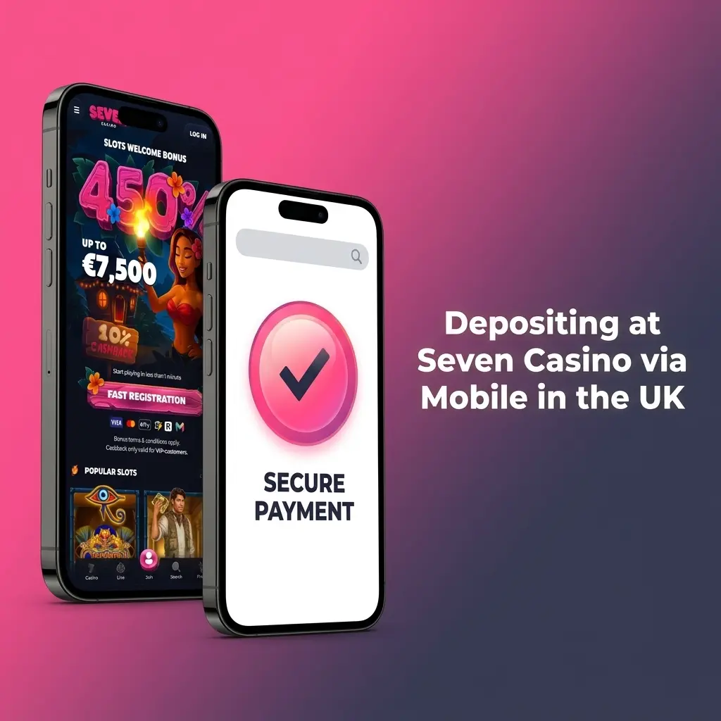Seven Casino mobile deposit interface showing payment options including Visa, crypto, and bank transfers on a smartphone