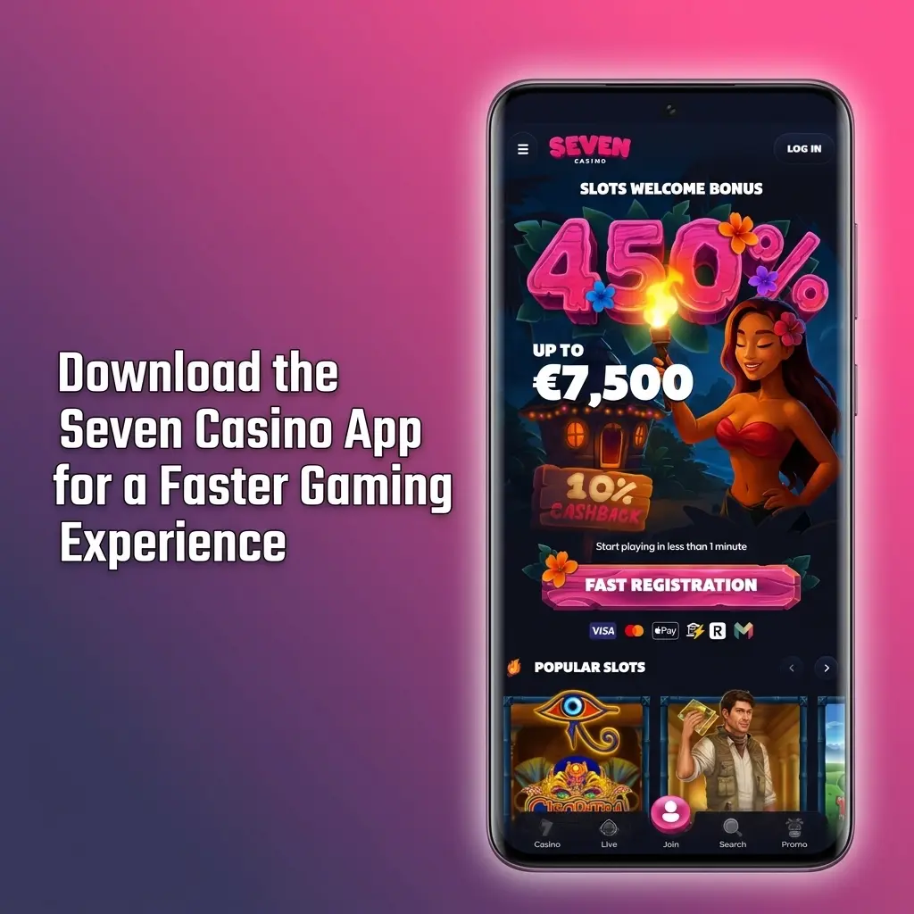 Seven Casino mobile app interface showing fast loading games, live betting odds, and casino lobby on smartphone