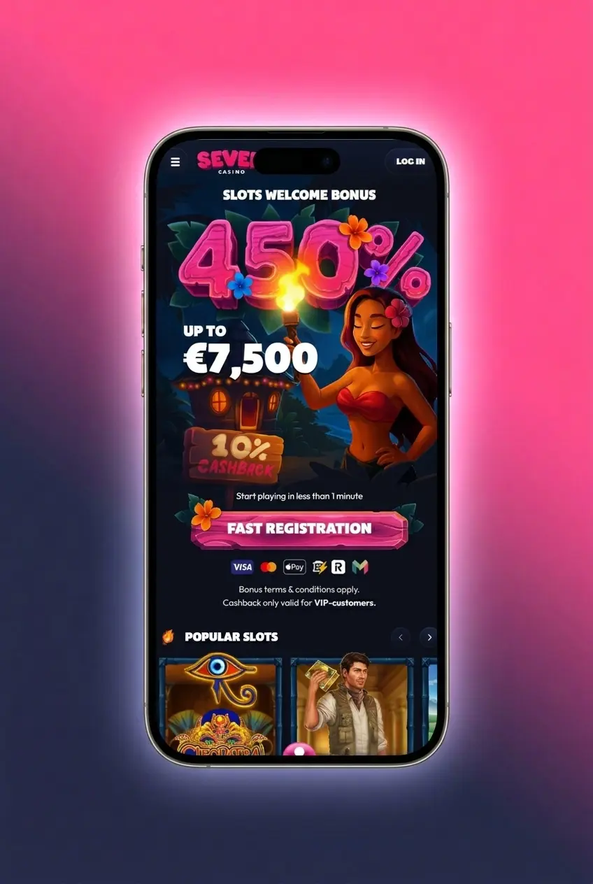 Seven Casino mobile app login screen displayed on a smartphone with sign-in form and biometric access option