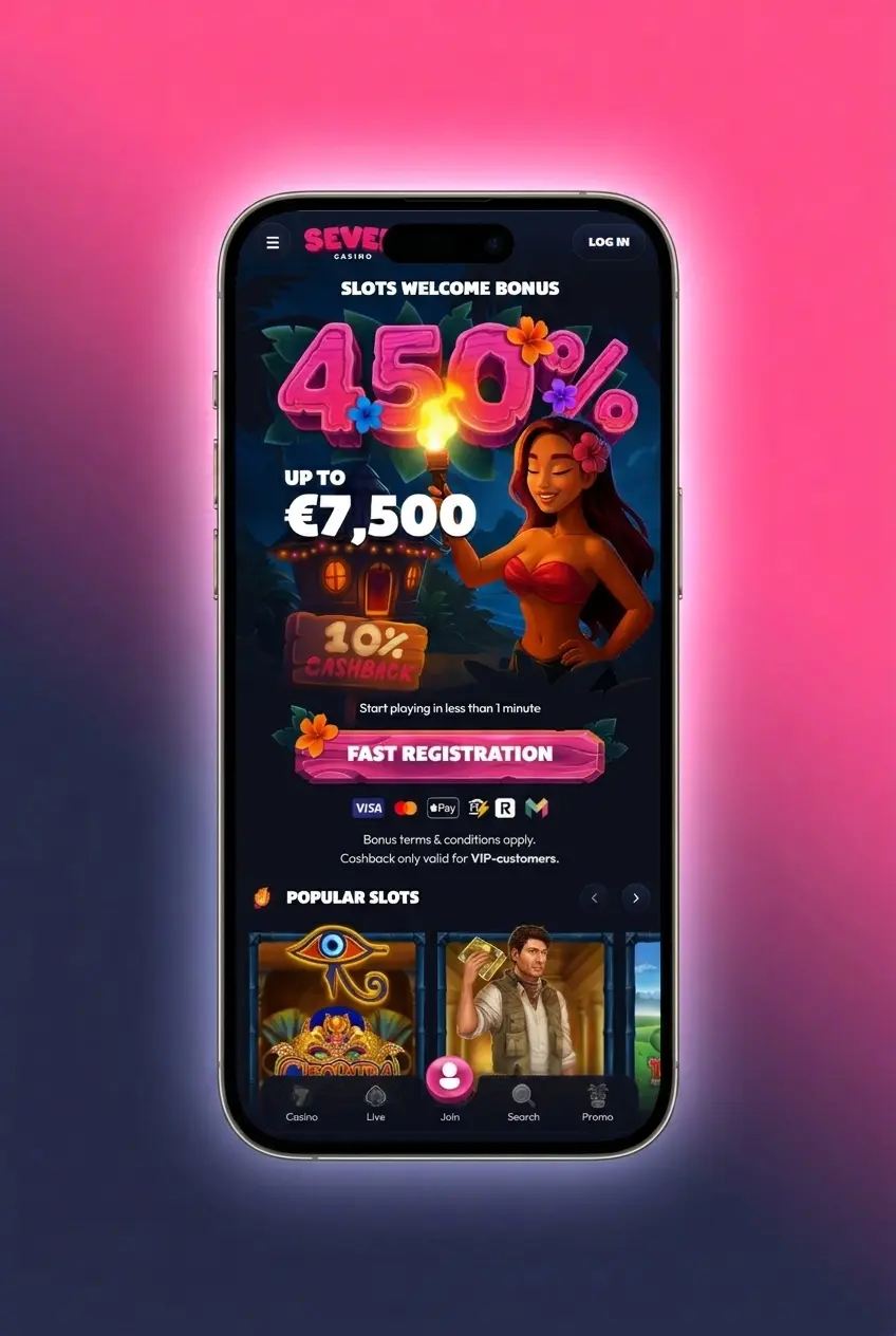 Seven Casino mobile app login screen displayed on a smartphone with email and password fields visible