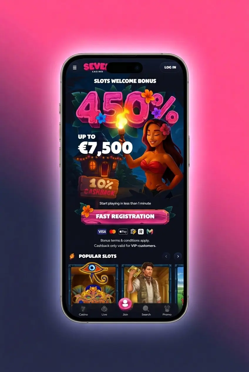 Seven Casino mobile app login screen showing email and password fields with biometric authentication option on iOS and Android