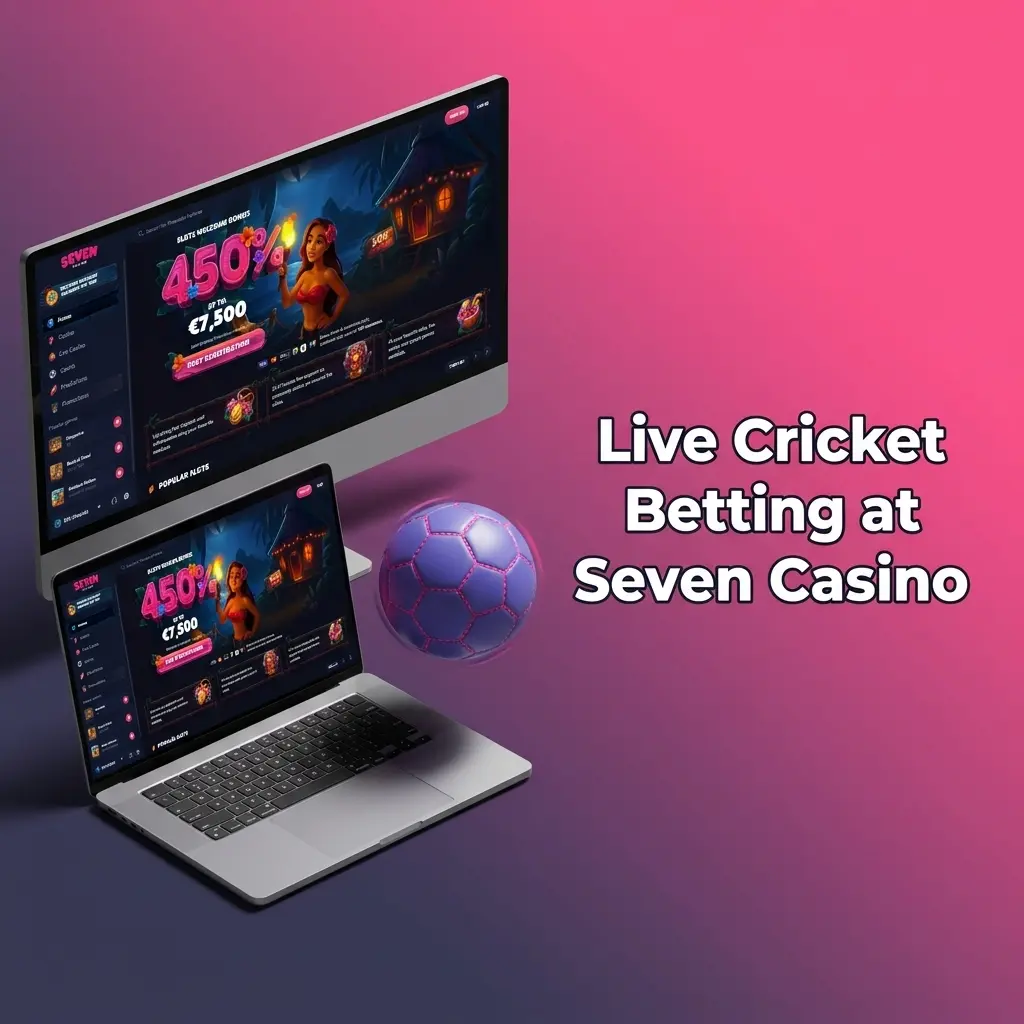 Seven Casino live cricket betting interface showing ball-by-ball odds, in-play markets, and live stats panel for UK players