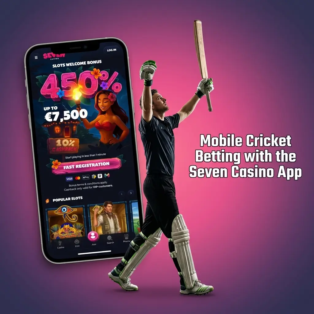 Seven Casino mobile app interface showing cricket betting markets with live in-play odds for UK players