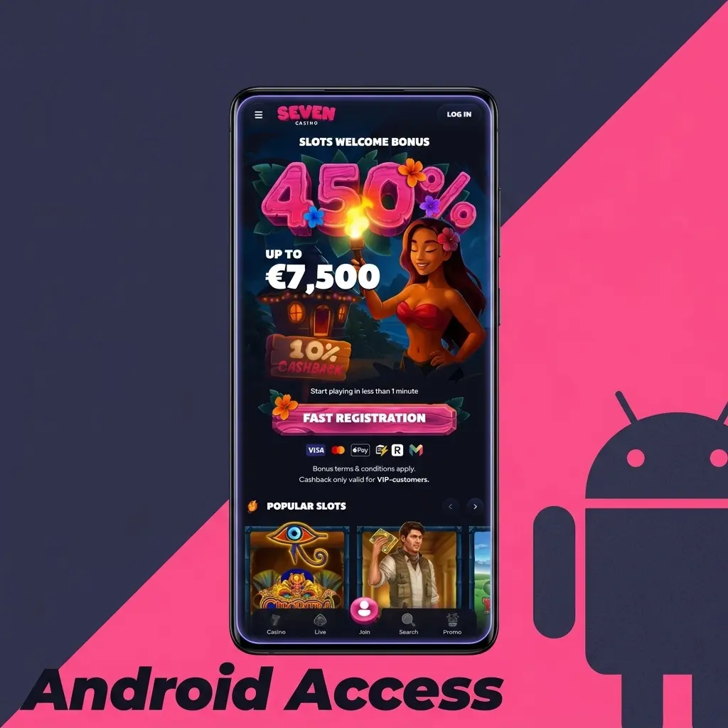 Seven Casino Android mobile browser access showing sports betting and casino games without APK installation