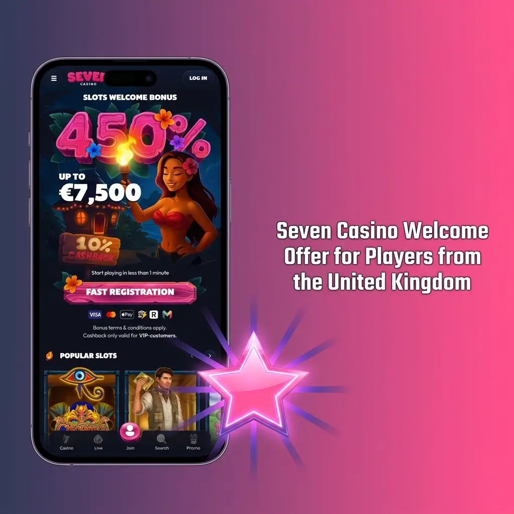 Seven Casino UK welcome bonus table showing 4-deposit slots package up to EUR 7,500 with 200% first deposit match