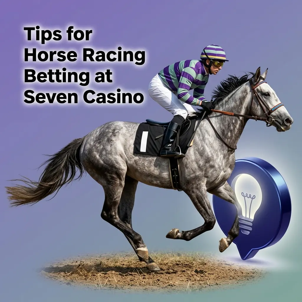 Jockey racing horse on track with betting tips overlay for Seven Casino horse racing guide