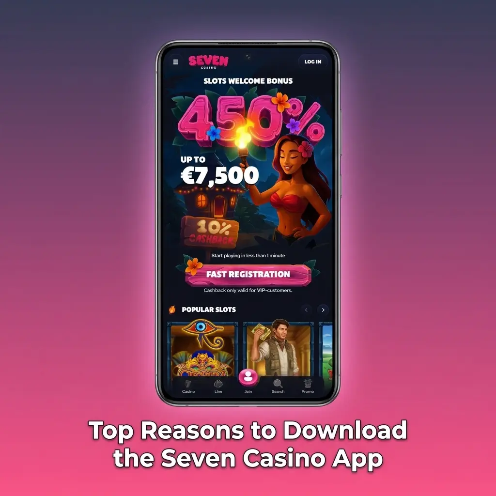 Seven Casino mobile app for UK players featuring slots, live dealer games, sports betting, and crypto payments on iOS and Android