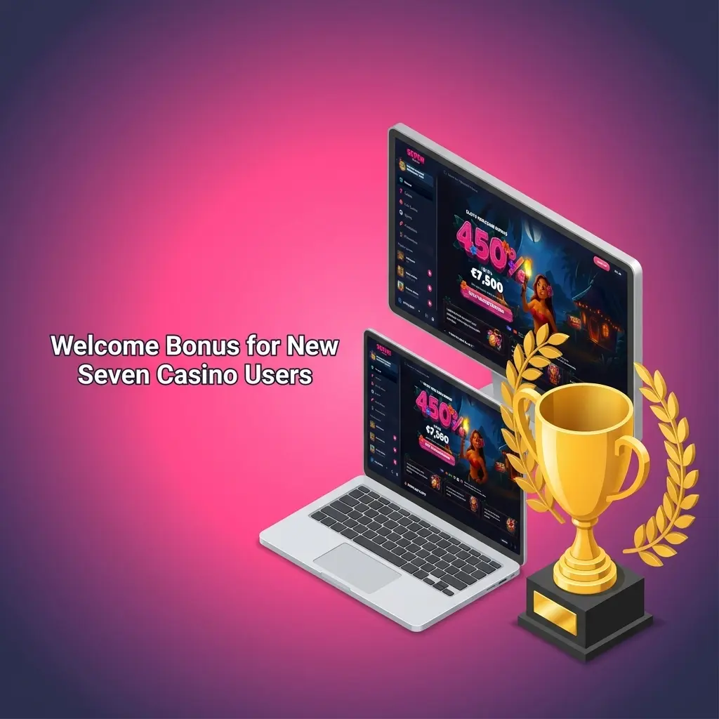 Seven Casino welcome bonus offering 450% up to EUR 7,500 on first deposit for new players registering an account