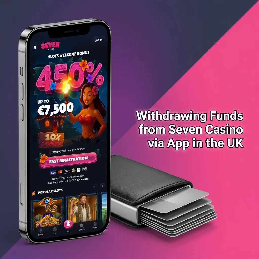 Seven Casino mobile app withdrawal process on a smartphone in the UK showing cashier and payout options